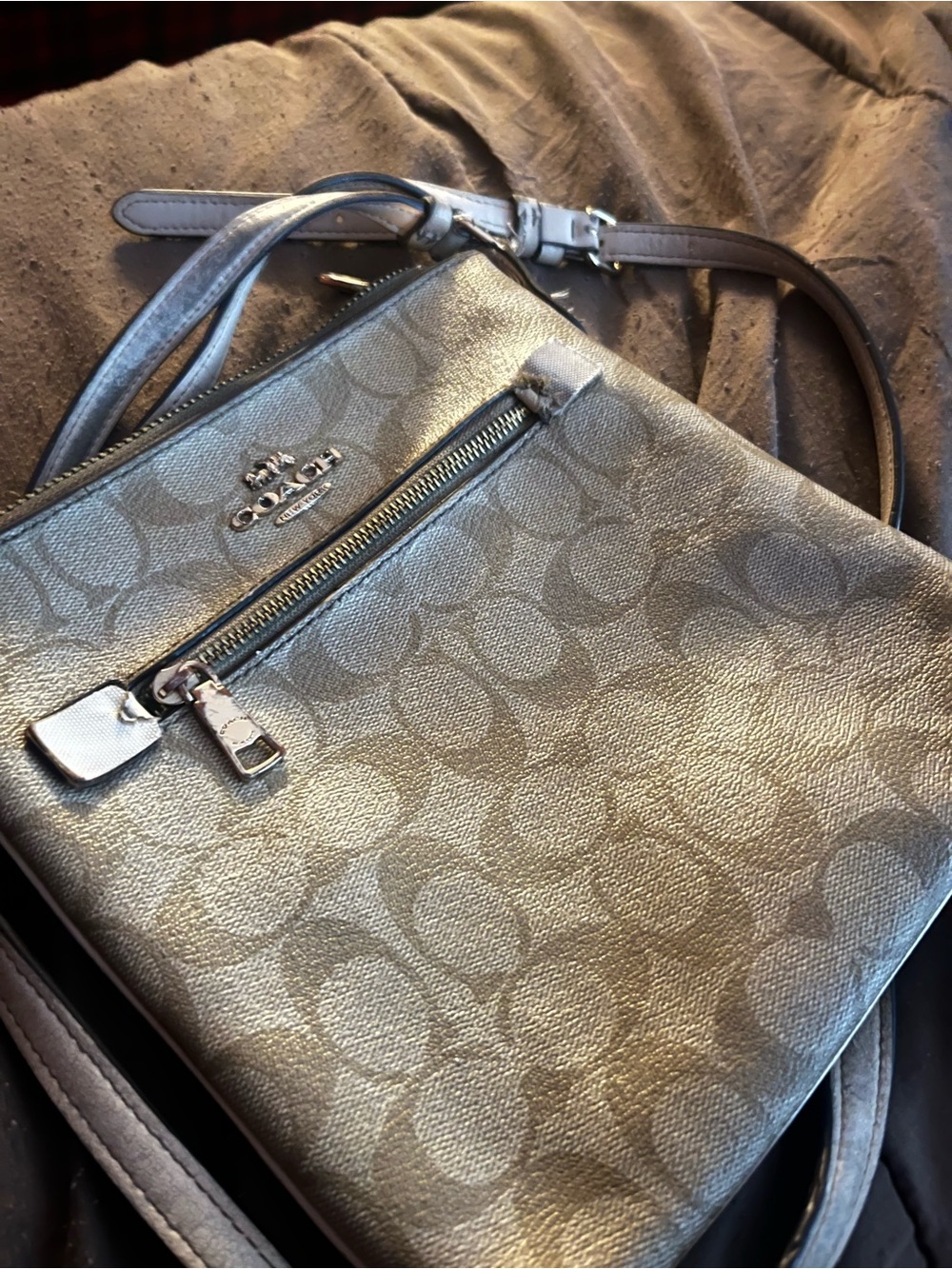Coach Metallic Silver Signature Crossbody Bag